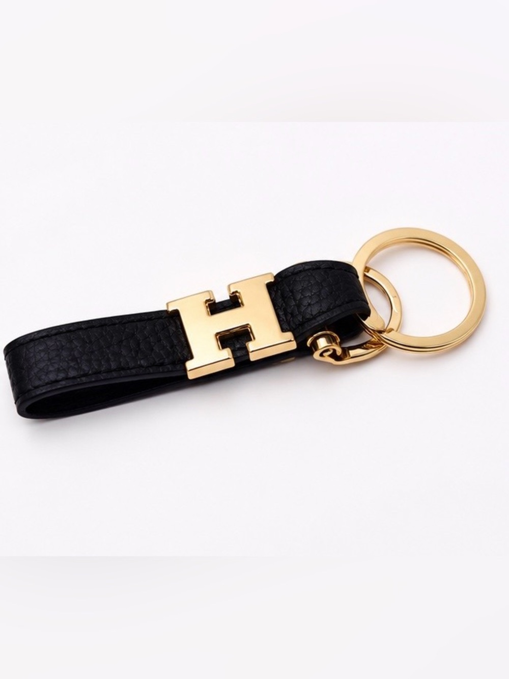 Black Leather Keychain with Gold H Accent